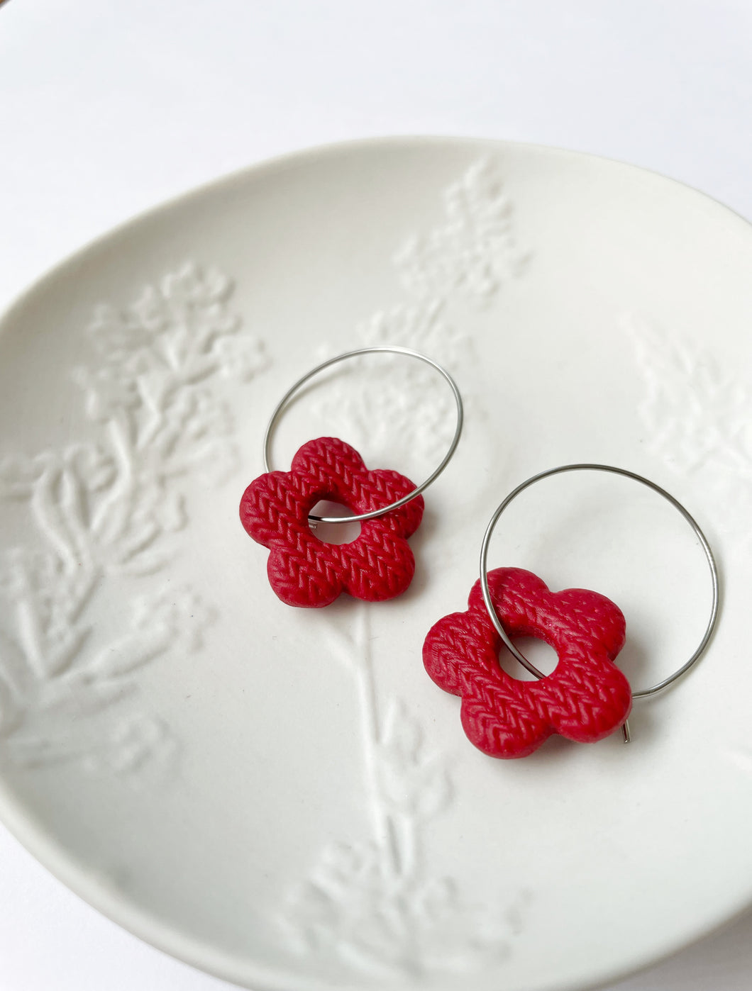 Red Knit Flower Hoops